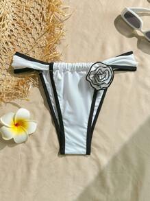 SHEIN Swim Women's 3D Floral Monochrome Colorblock Sexy Swim Bottoms, For Sunbathing, Beach, Pool Party For Summer Beach Vacation