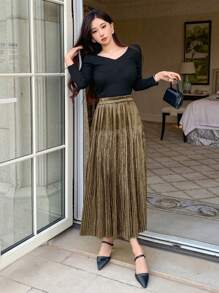 DAZY 女士金属色弹力腰长款褶皱A字裙 - 金色 - 查看 4
