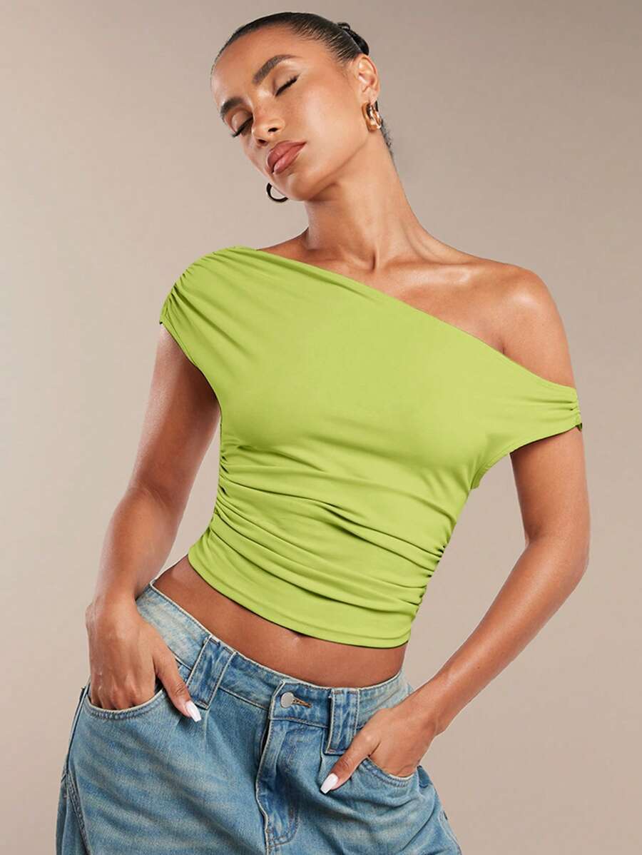 SHEIN BAE 女款純色抓皺斜肩不對稱下擺夏季上衣 - 青檸色 - 查看 1