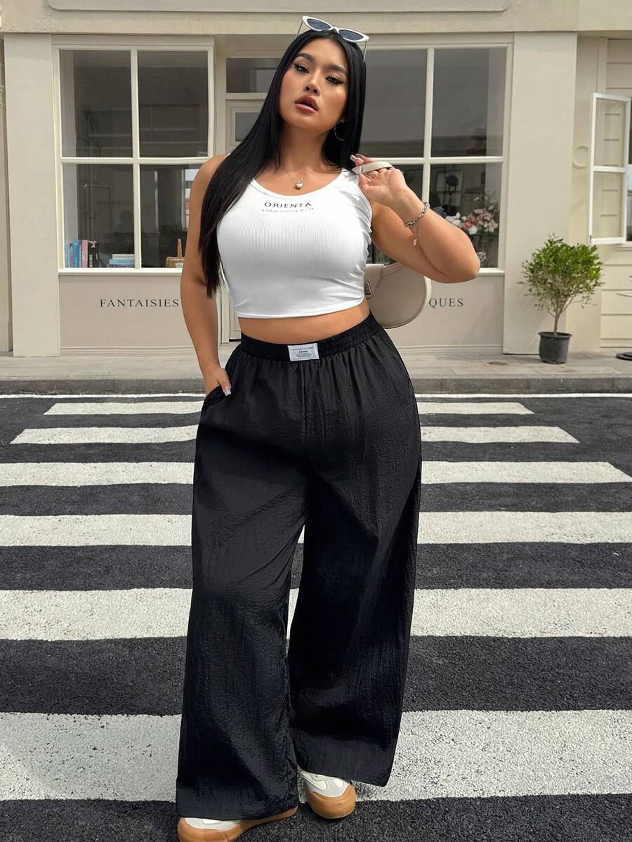 Muchica Plus Size Solid High Waist Straight Leg Pants, Suitable For Daily Wear In Spring And Autumn Seasons - Black - View 1