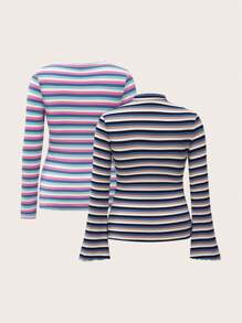 SHEIN 2 chiếc/Bộ Áo thun bà bầu cổ đứng tay dài có gân sọc cầu vồng, Áo thu cho nữ - Nhiều màu - Xem 5