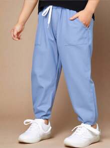 Young Boys Casual Sports Drawstring Pants, Soft Denim Effect Fabric With Lack Of 3D Design, Comfy Skin-Friendly, Suitable For Spring And Autumn, Indoor Or Outdoor - Blue - View 3