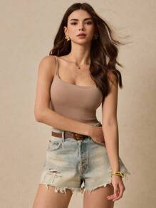 Poéselle Áo hai dây màu trơn cho nữ, đơn giản và thời trang cho mùa hè - Màu be - Xem 6