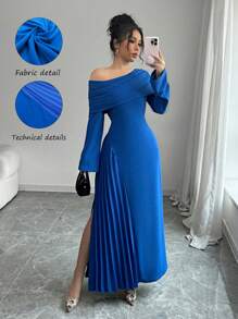 Elenzga Elegant Oblique Shoulder Asymmetric Hem Pleated Waist Solid Color Maxi Dress, Versatile For Commuting, Party, And Charm
