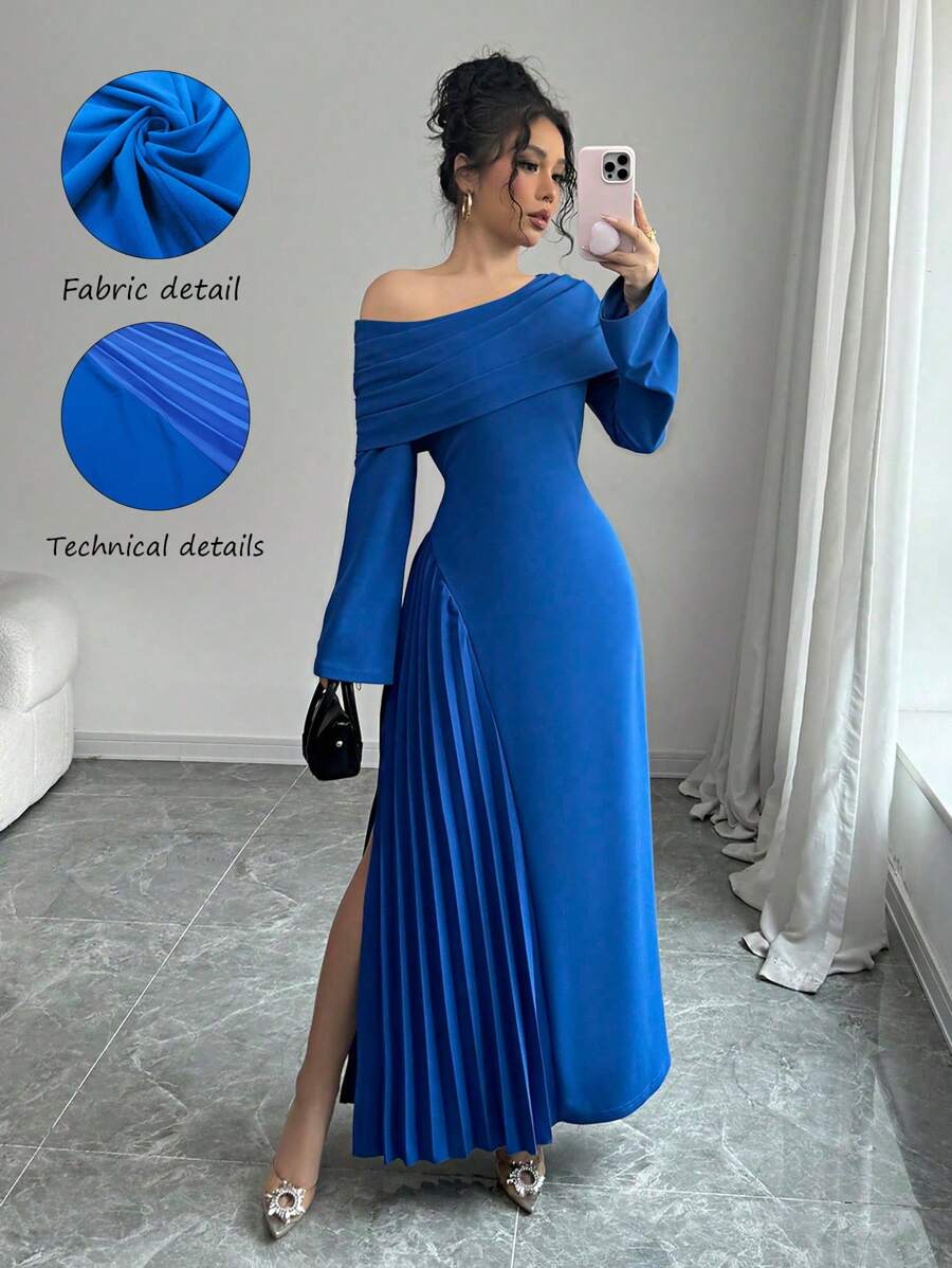 Elenzga Elegant Oblique Shoulder Asymmetric Hem Pleated Waist Solid Color Maxi Dress, Versatile For Commuting, Party, And Charm
