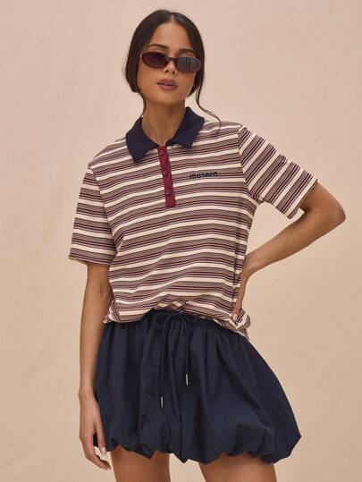 MUSERA Relaxed Fit Collared Striped Embroidered "" Short Sleeve Polo Shirt Street Style Book Shop Oversized Graphic Tees Airport Holiday Back To School Winter Elegant