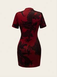SHEIN LUNE Women's Dragon Print Asymmetrical Hem Slim Fit Mini Dress - Multicolor - View 2