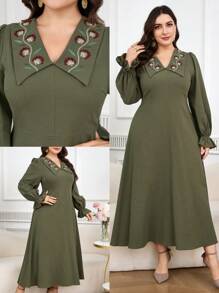 Mulvari Plus Size Women Floral Embroidered Long Sleeve Elegant Dress - Multicolor - View 1