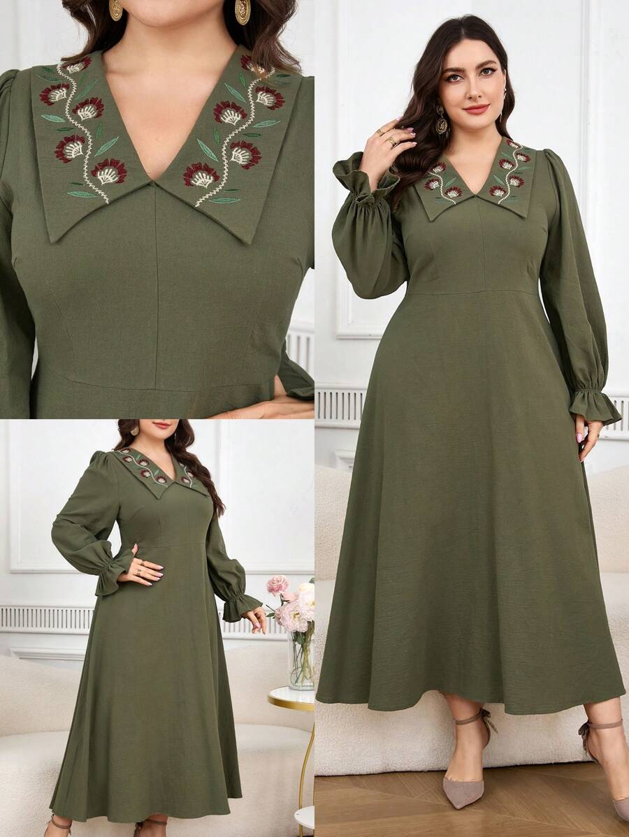 Mulvari Plus Size Women Floral Embroidered Long Sleeve Elegant Dress - Multicolor - View 1