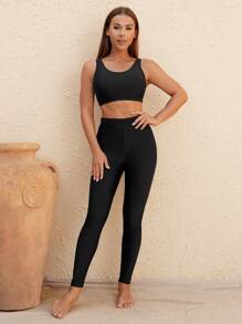 Swim Mulvari Springbreak 3-Piece Women Beach Outfits: Black Crew Neck Sleeveless Top And Pants Burkini Set, And Long Sleeve Modest Solid Color Crew Neck Swimsuit, Bohemian Festival Summer Beachwear - Black - View 2