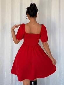 Calvaya Spring/Summer Regular Women Bubble Puff Sleeve Deep V-Neck Lace Wrap Bodice Elegant Sexy Party Dress, Short Red Cocktail Dress For Gala, New Year's Eve, Wedding