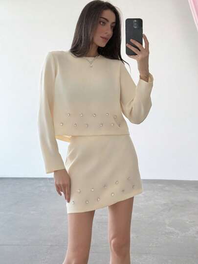 Aloruh 女士优雅水晶装饰长袖上衣和裙子两件套