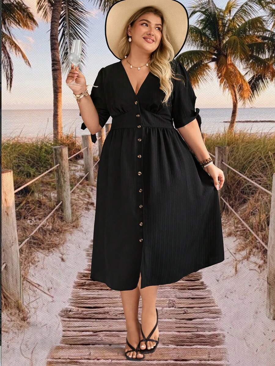 SHEIN VCAY Plus Size Plain Color Simple Stylish Short Sleeve Dress, Suitable For Summer - Multicolor - View 1