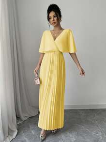 Elenzga Elegant Butterfly Sleeve Pleated A-Line V-Neck Backless Dress, Suitable For Party, New Year, Valentine's Day, Pink