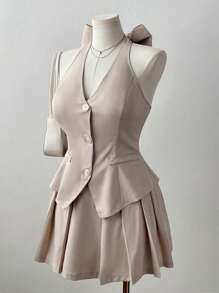 Sunspun Bộ váy mini xếp ly nơ dễ thương cỡ lớn và áo vest hai mảnh, phong cách công sở/trường học ngọt ngào dành cho nữ - Màu be - Xem 3