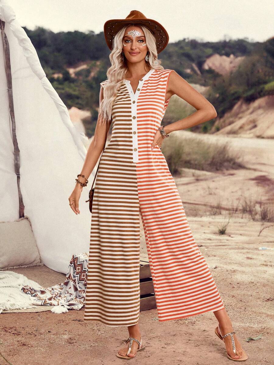 LanaWest 2025 Spring & Summer New Striped Bohemian Music Festival Casual Vacation Patchwork Sleeveless Wide Leg Jumpsuit For Women - Multicolor - View 1