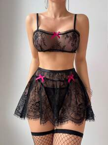 3 Piece Lace Ladies Sexy Lingerie Set (Wireless/Mini Skirt/G-String) For Going Out, Baddie Look - Black - View 5