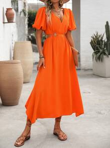 SHEIN Clasi Women's V-Neck Asymmetrical Scallop Cutout Waistline Long Dress With Puff Lantern Sleeves, Casual Resort Style, Spring/Summer - Orange - View 7