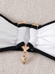 SHEIN 2 Pieces Women Summer Beach Vacation Solid Color Black & White Metal Accessory Halter Top And Bikini Bottoms Set - Black and White - View 8