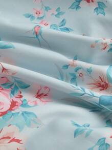 SHEIN MOD 荷叶边下摆修身花朵泡泡袖缎面连衣裙 - 彩色 - 查看 4