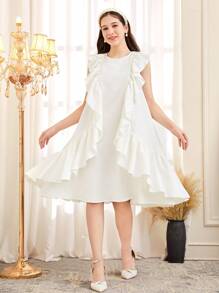 SHEIN Loose Casual Elegant Round Neck Ruffle Hem Mid-Length Dress For Teen Girls - White - View 5
