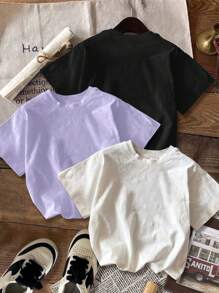 SHEIN 3pcs/Pack Tween Girls Casual Minimalist Cartoon Pattern Multiple T-Shirts, Suitable For Summer, School, Campus, College - Multicolor - View 2