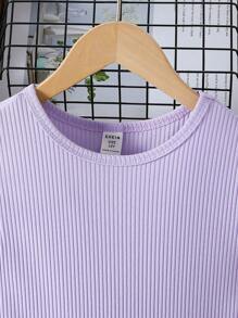 SHEIN Vestido lindo con manga de casquillo, cuello redondo, dobladillo con volantes y estampado a rayas y parches para niña preadolescente - Morado - Ver 5