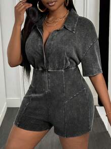 Slaydiva Mono de talla grande para mujer con estilo casual urbano, diseño ajustado y volante en el bajo - Gris - Ver 6