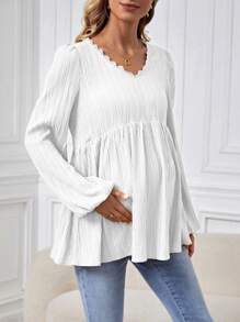 SHEIN Maternity Solid Color Contrast Lace V-Neck Long Sleeve Casual Ruffle Hem Blouse