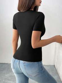 Chiquease 女士纯色短袖罗纹插肩亨利衫