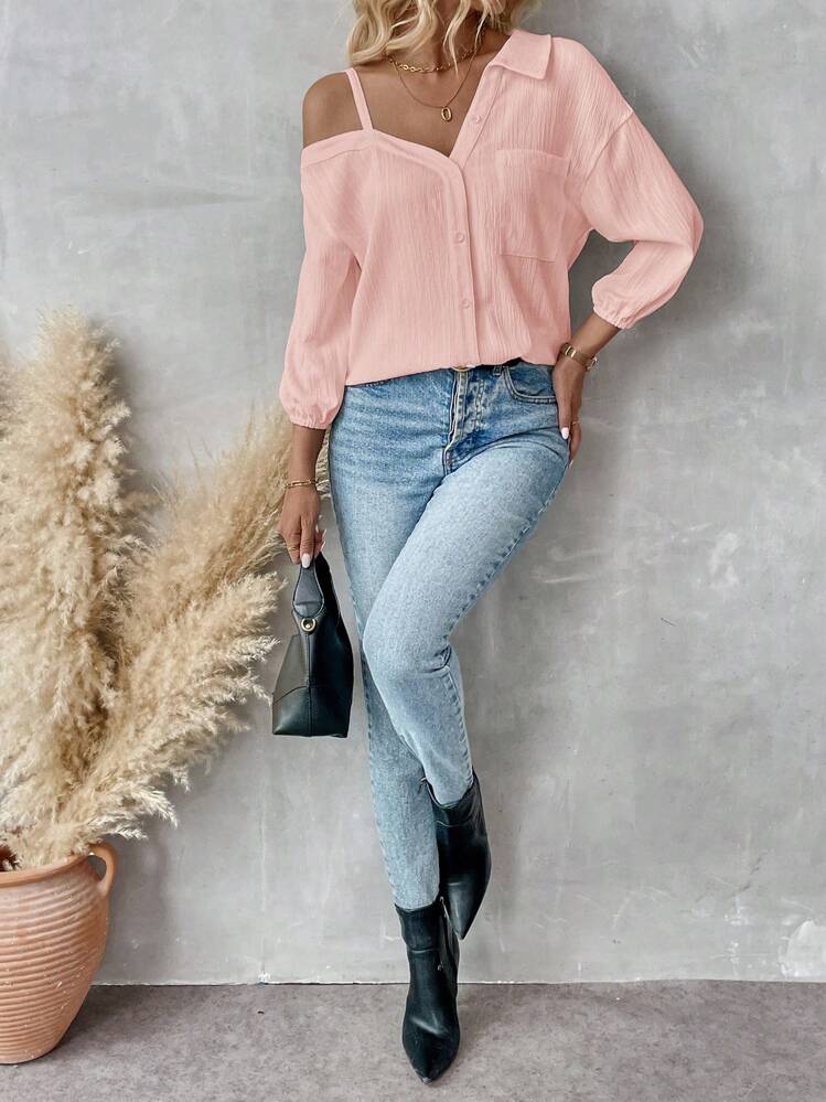 SHEIN Essnce Áo cánh rộng rãi, cổ trễ bất đối xứng, màu trơn, giản dị, mùa xuân/thu cho nữ, thời trang mới, phong cách đường phố, áo sơ mi vai bất đối xứng, dáng rộng - Màu Hồng baby - Xem 7
