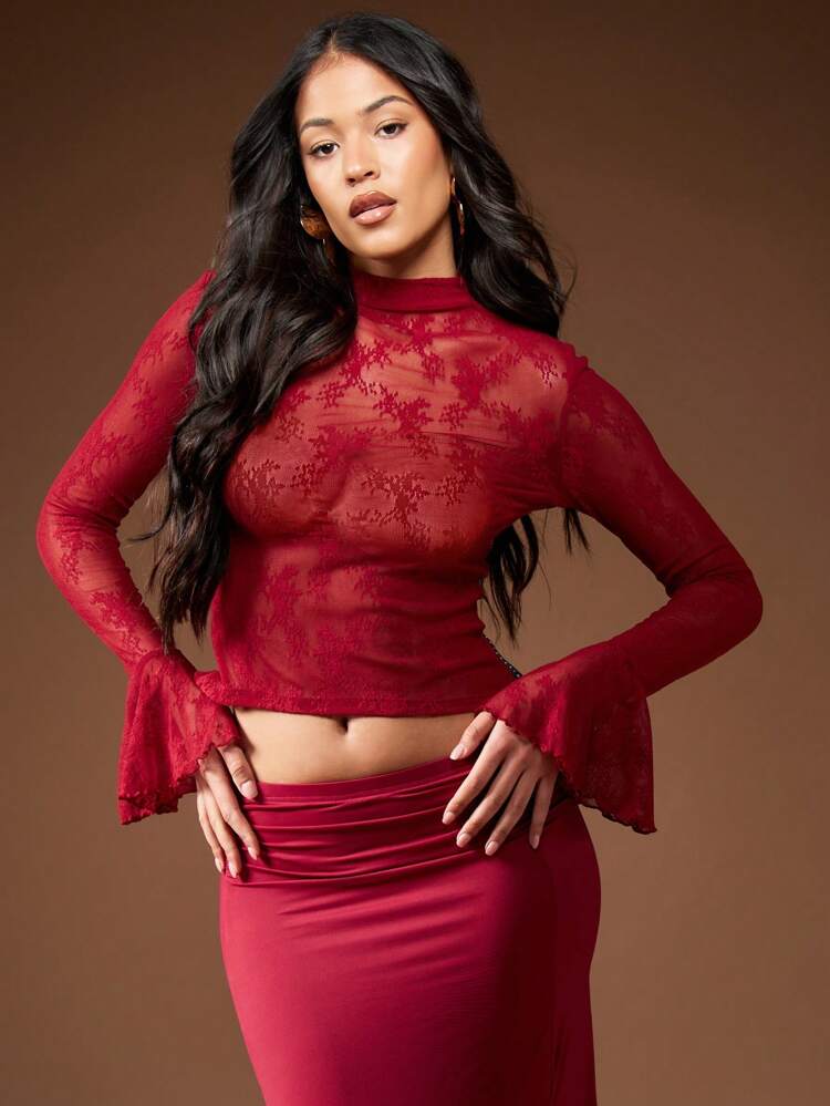 MISSGUIDED Sheer Lace Flare Cuff Long Sleeve High Neck Top Christmas