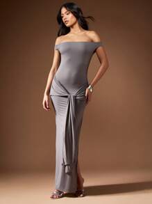 MISSGUIDED Slinky Off Umăr Maxi Rochie Flutter Mânecă elegantă Rochie de seară Formă de montare Bodycon Ocazie specială Rochie de lungime podea - Gri deschis - Vizualizare 1