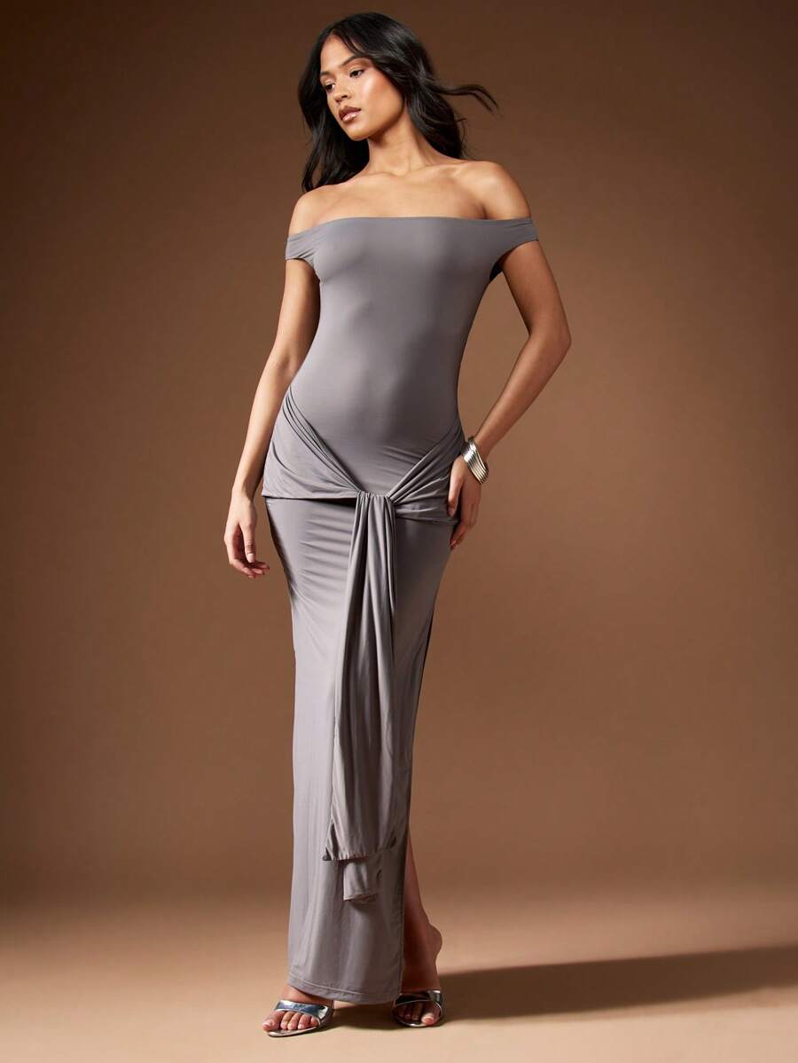 MISSGUIDED Slinky露肩Maxi连衣裙颤动袖优雅晚礼服形式合身派对紧身连衣裙特殊场合地板长度连衣裙 - 淺灰色 - 查看 1