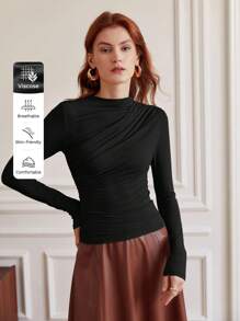 BizChic Women's Autumn Long Sleeve Stand Collar Basic Fitted Top, Minimalist Elegant Urban Commute Business Casual Office School Wear - Black - View 1