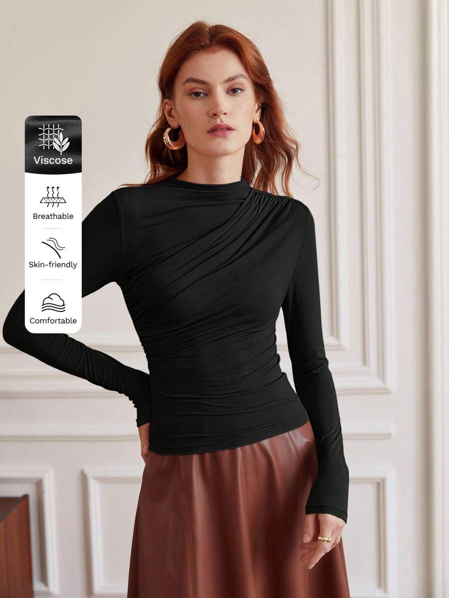 BizChic Women's Autumn Long Sleeve Stand Collar Basic Fitted Top, Minimalist Elegant Urban Commute Business Casual Office School Wear - Black - View 1