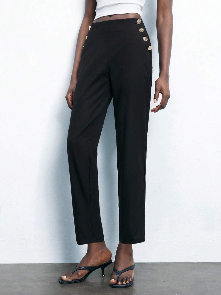 Maija 女式不对称金属扣装饰长裤，黑色，适合春季、夏季、所有季节，百搭，现代都市休闲设计，精确对称双排金属扣开口，修身剪裁，优雅，商务休闲，社交聚会，巡航，低调时尚，高品质，城市通勤，杂志编辑同款，都市社交派对，迷人的女士七分裤