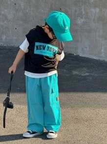 SHEIN 2pcs/Set Young Boy Casual Korean Style Letter Print Raglan Hoodie And Wide Leg Sweatpants Set, Suitable For School, Garden, Beach, Birthday, Spring/Summer/Autumn/Winter - Blue - View 3