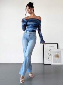 SHEIN Privé 女士新款扎染花卉露肩长袖紧身衣，休闲日常穿着图案 T 恤紧身衣，适合春秋季节，通勤/优雅/性感/度假/海滩/浪漫/约会/情人节/音乐节/表演/返校 - 彩色 - 查看 7