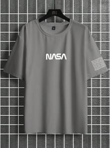 Manfinity Homme 2025 Spring & Summer New Plus Size Men's Round Neck Short Sleeve T-Shirt, Minimalist Casual Comfortable Premium Light Gray/White Letter Print Versatile