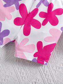 SHEIN Conjunto de top de punto con tirantes y shorts con estampado floral para bebé niña en verano - Multicolor - Ver 3