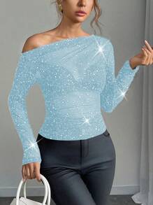Calvaya Women's Sequined Design Sexy Blouse, Standard Size