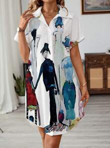 SHEIN LUNE Summer Casual Person Print Button Front Shirt Dress - Multicolor - View 4