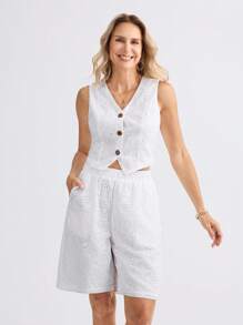 Miaspire 2 件套女士夏季度假白色刺绣编织面料无袖衬衫和短裤套装 - 白色 - 查看 1