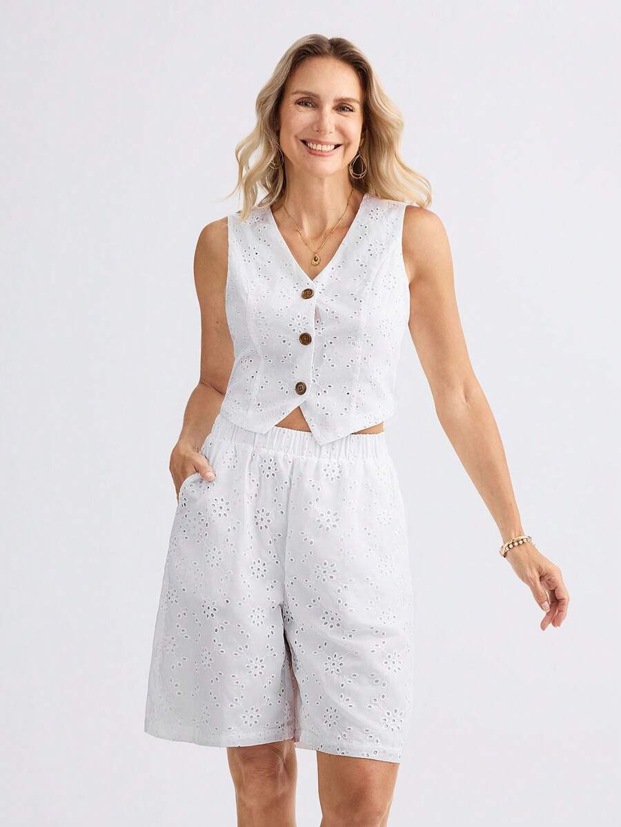 Miaspire 2 件套女士夏季度假白色刺绣编织面料无袖衬衫和短裤套装 - 白色 - 查看 1