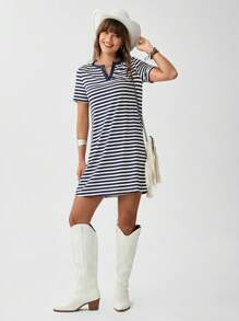 SHEIN LUNE 條紋圖案缺口領T恤洋裝