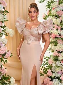Glamrae Plus Size Elegante Luxe Formele Jurk, Bruiloftsgastjurk Met Overdreven Geplooide Kraag, Getailleerde Taille, Jacquardstof, Contrasterende Panelen, Hoge Split, En Uitlopende Sleepzoom, Geschikt Voor Avondbanket, Feestjurk