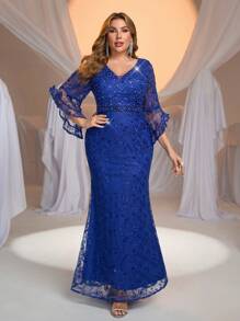 Glamrae Plus Size Lotus Pink Beaded & Rhinestone Adorned Ruffled Sleeve Lace Mermaid Formal Gown, Elegant Evening Dress For Gala - Royal Blue - View 1