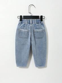 SHEIN Playful Pals Baby Boy Neutral Basic Cute Daily Casual Elastic Waist Contrast Hem & Flat Pocekts Balloon Jeans - Light Wash - View 2