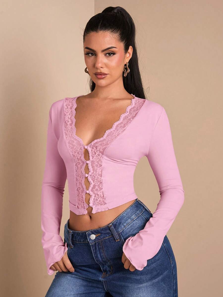 SHEIN BAE Women's Elegant Solid Color Lace Panel Front Button Closure Blouse, Spring/Summer - Baby Pink - View 1